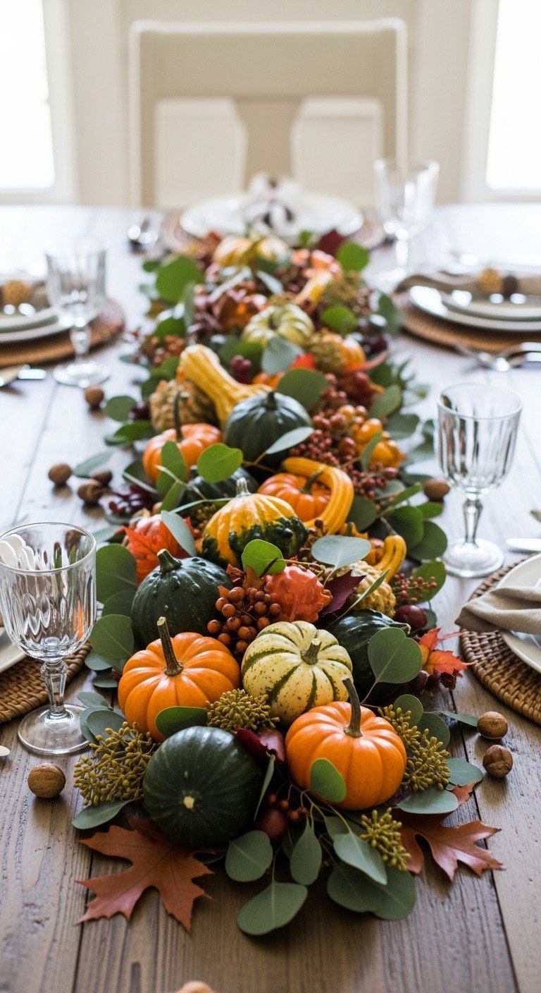 Abundant natural Thanksgiving centerpiece runner with gourds mini pumpkins fall leaves and eucalyptus on a rustic table
