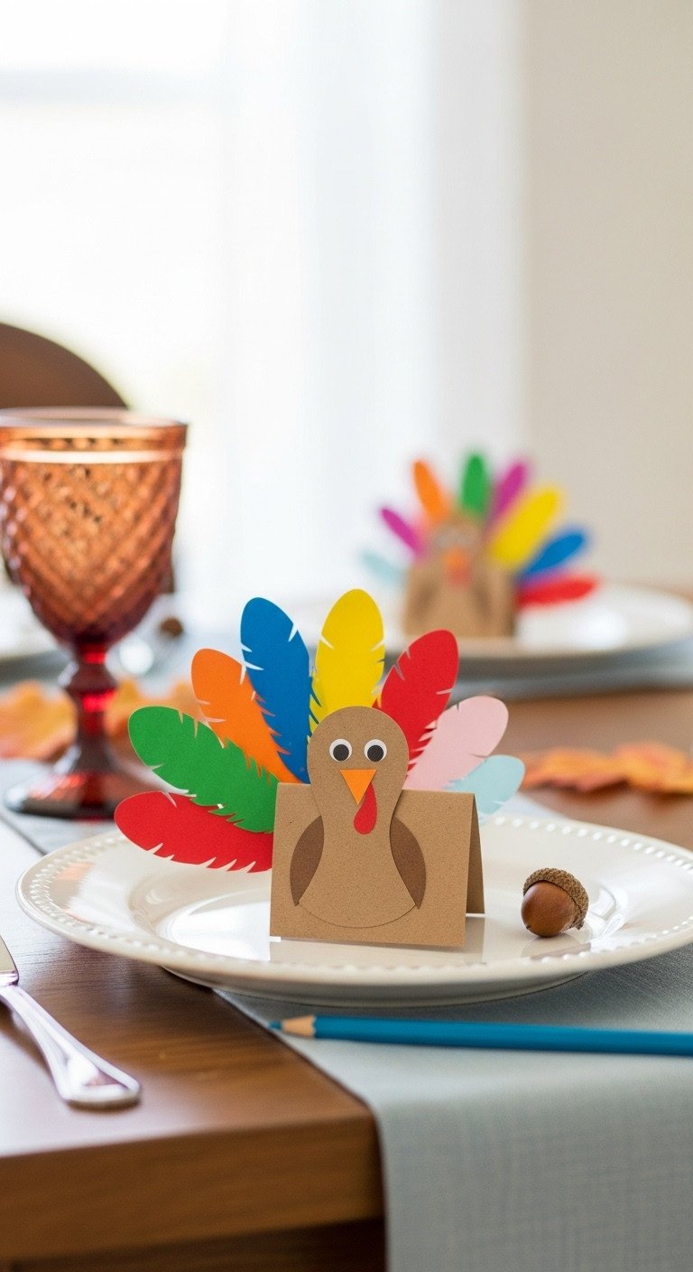 Adorable DIY turkey place card made from brown construction paper with colorful paper feathers next to a childs plate