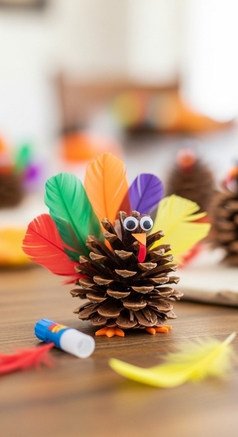 Adorable pinecone turkey friends craft with colorful craft feathers and googly eyes on a rustic wooden table