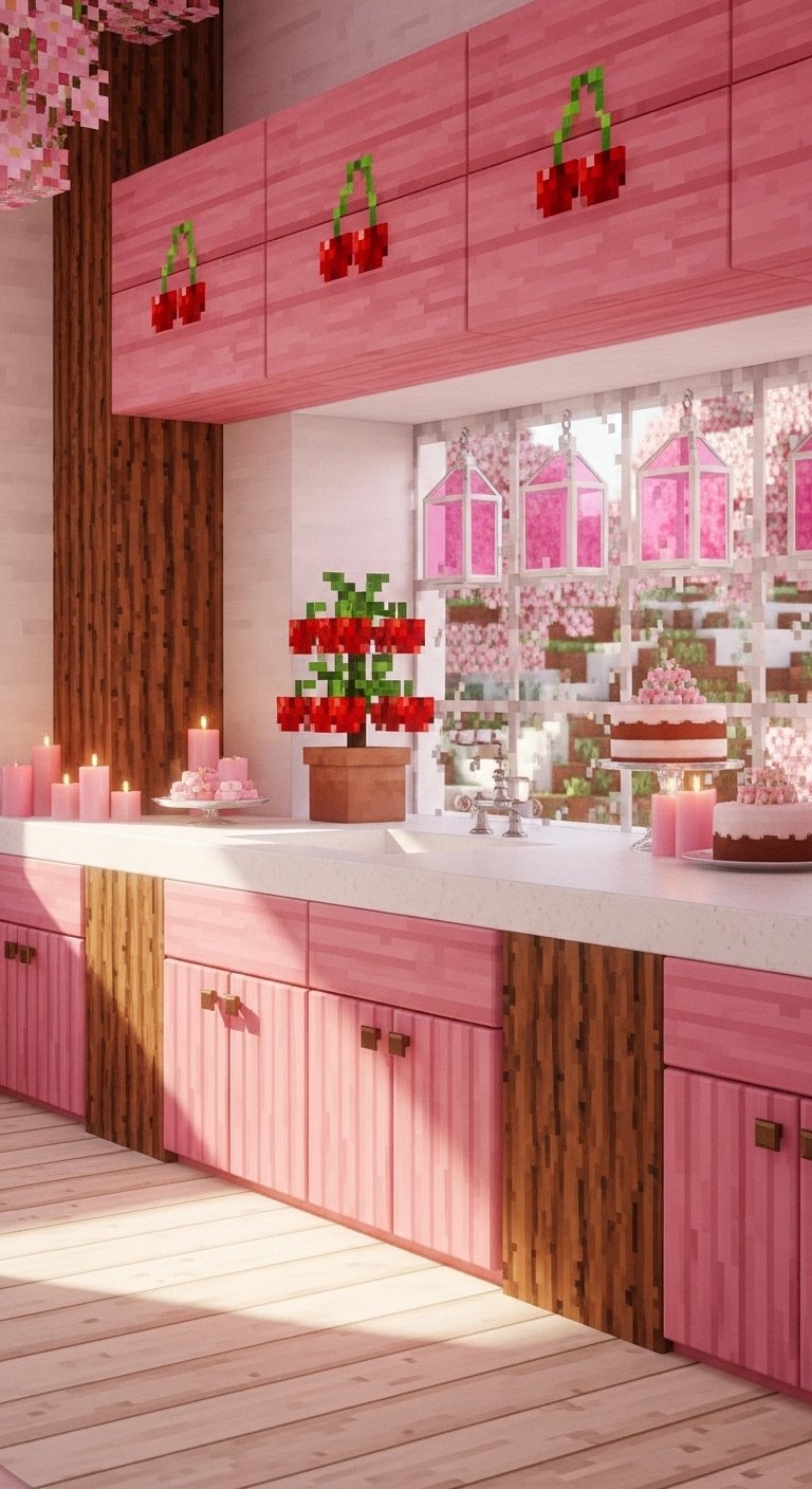Aesthetic Minecraft kitchen with pink cherry wood cabinets white quartz counters cherry sapling and pink candles
