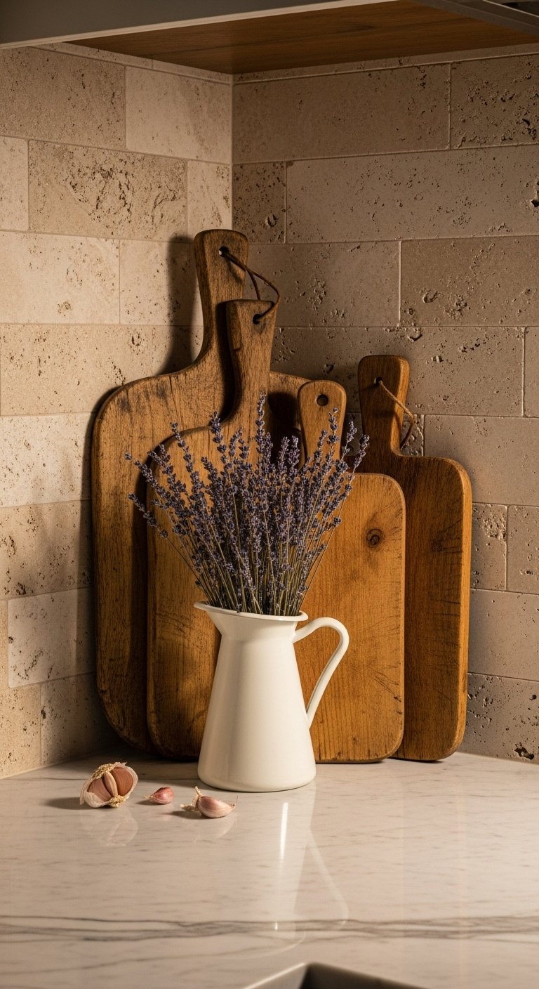 Aged wooden charcuterie boards leaning against a travertine backsplash with a white ceramic pitcher of dried lavender on a marble countertop