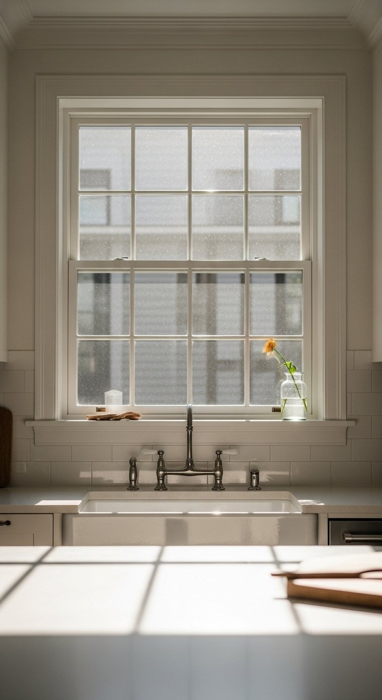 Airy kitchen with large bare window over sink, sunlight streaming in, soft shadows, light countertop, glass vase with single flower