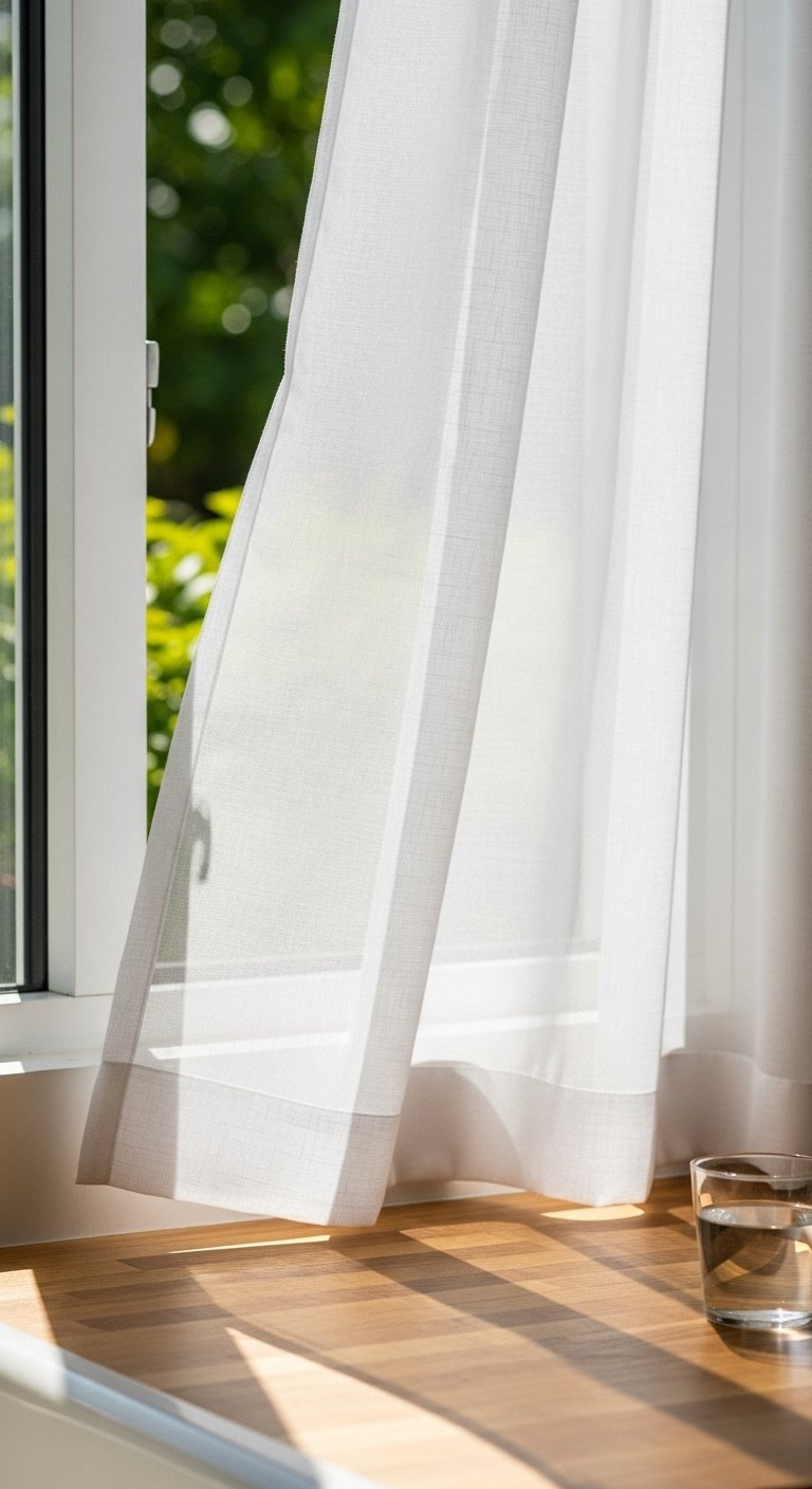 Airy sheer curtains white panel gently blowing in afternoon sun over a kitchen sink with butcher block countertop