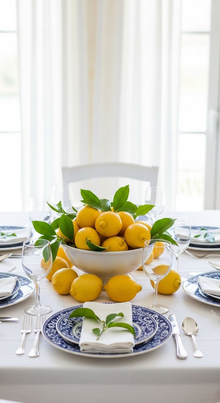 Amalfi Coast Thanksgiving table decor with white tablecloth ceramic bowl full of vibrant yellow lemons and green foliage