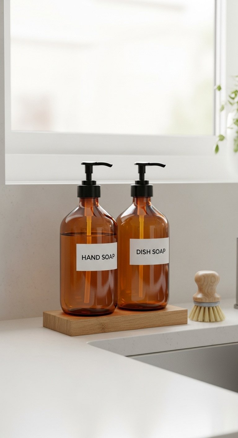 Amber glass soap and dish soap dispensers on a wooden riser by a modern kitchen sink