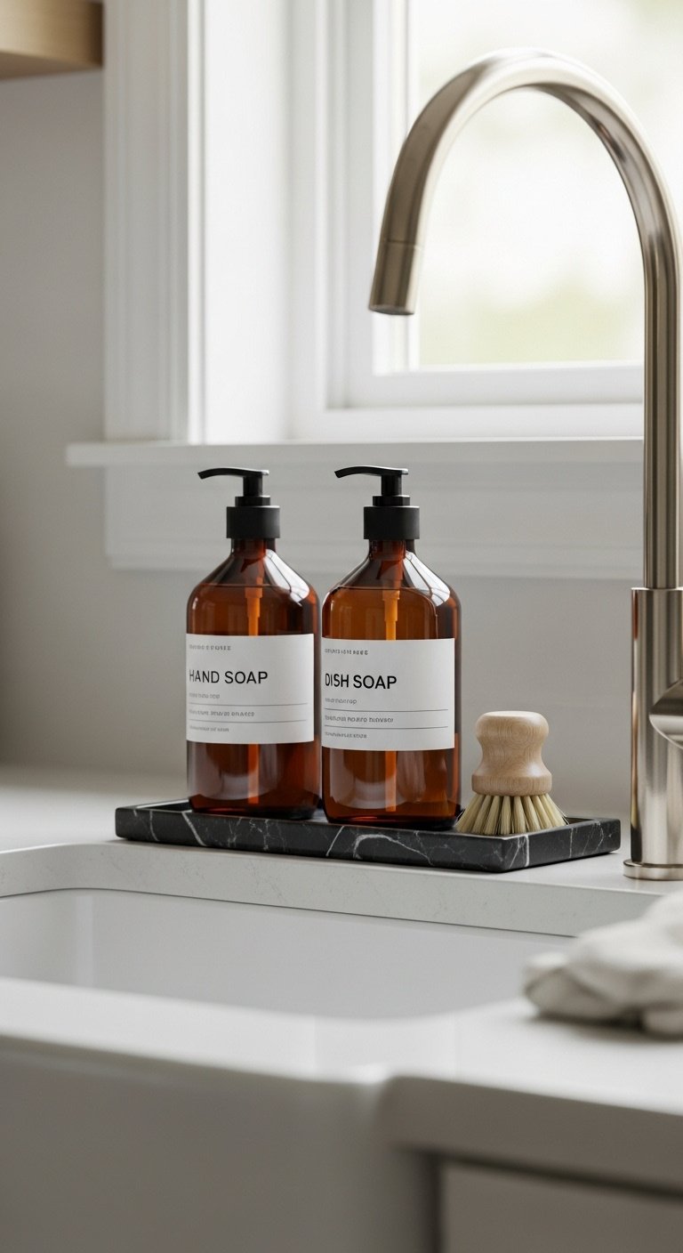 Amber glass soap dispenser bottles on black marble tray by kitchen sink in natural light