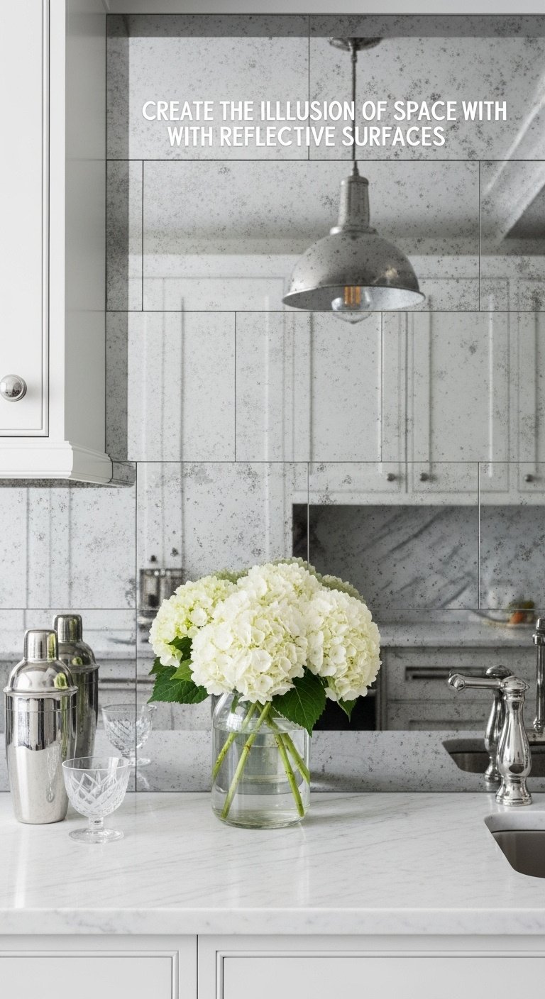 Antique mirrored tile backsplash reflecting pendant light and hydrangeas in a small kitchen creating illusion of space