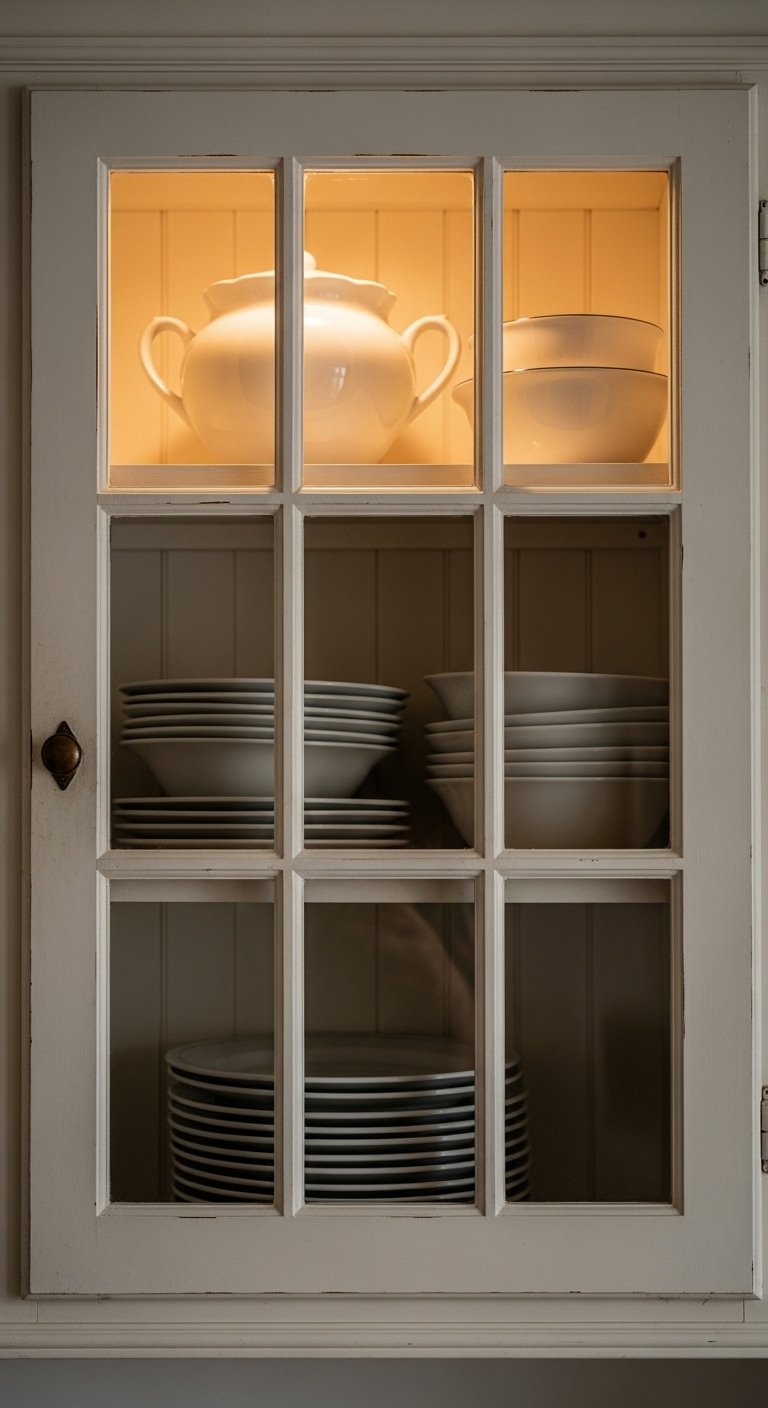 Antique white glass-front cabinet with mullions displaying ironstone dishes and brass knob in a vintage kitchen