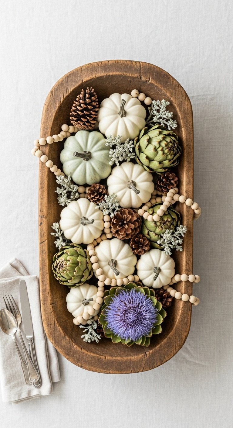Antique wooden dough bowl filled with white and green faux pumpkins dried artichokes and wooden beads