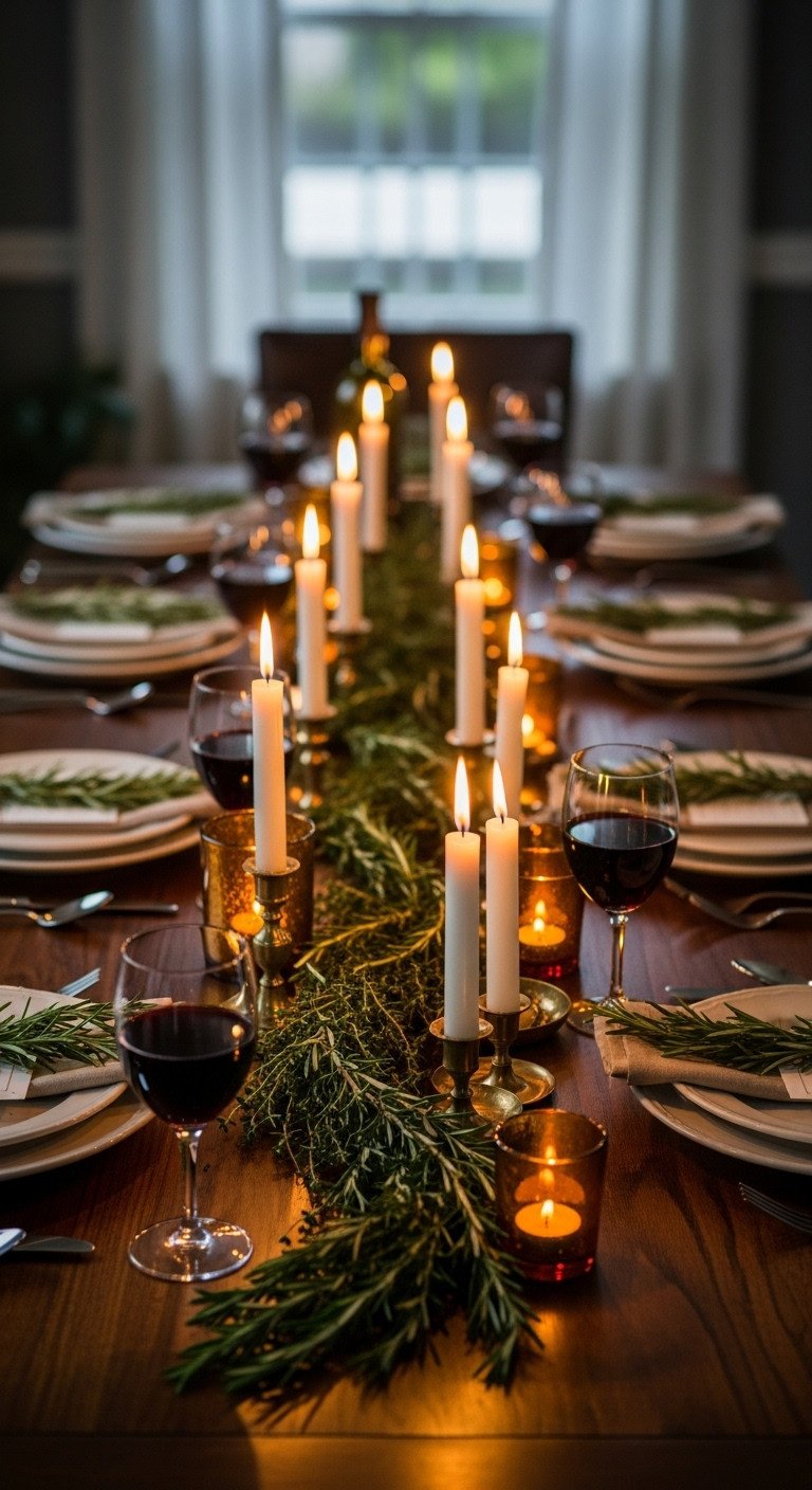 Aromatic Thanksgiving tablescape with warm candlelight fresh rosemary and thyme garland on a dark wood table