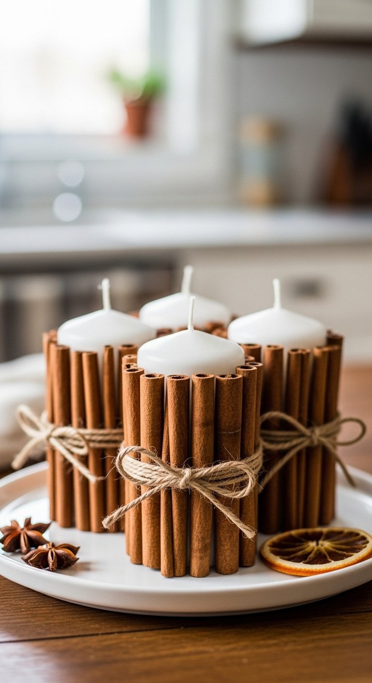 Aromatic ambiance DIY cinnamon stick candles on white ceramic platter with scattered star anise and dried orange slice