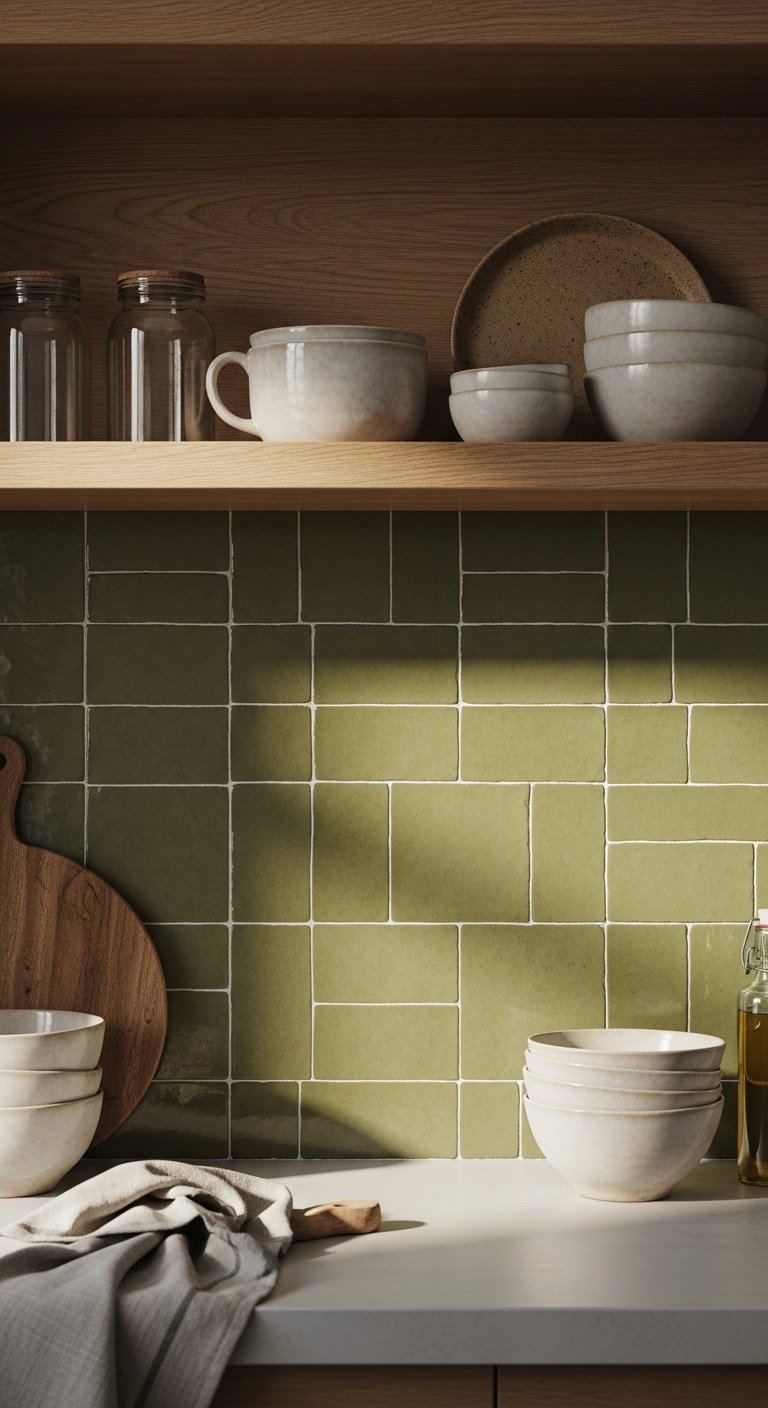 Artisanal warmth olive green zellige tile backsplash with light gray countertop and natural wood open shelving