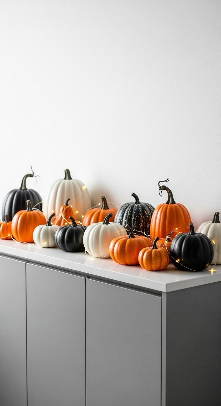 Assorted faux pumpkins (orange, white, black) with twinkle lights arranged along the top of modern gray kitchen cabinets