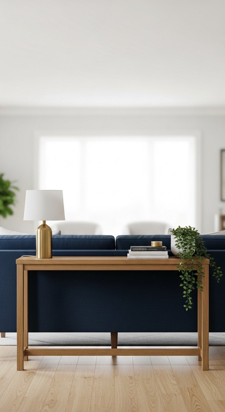 Back of a modern navy blue sofa with a slim oak console table and lamp dividing an open-concept room