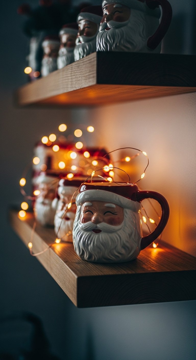 Battery operated fairy lights behind Santa mugs on a floating wooden kitchen shelf creating warm bokeh