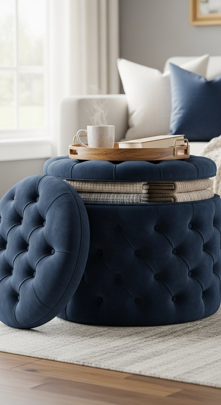 Beautiful round tufted navy blue velvet ottoman with its lid ajar revealing cozy blankets inside in a living room