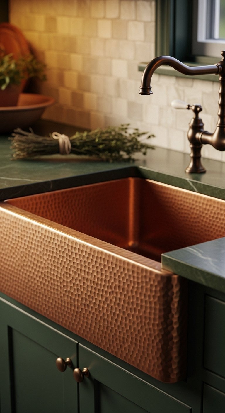 Beautifully hammered copper apron-front farmhouse sink with rich patina set in dark green soapstone countertop with bronze faucet