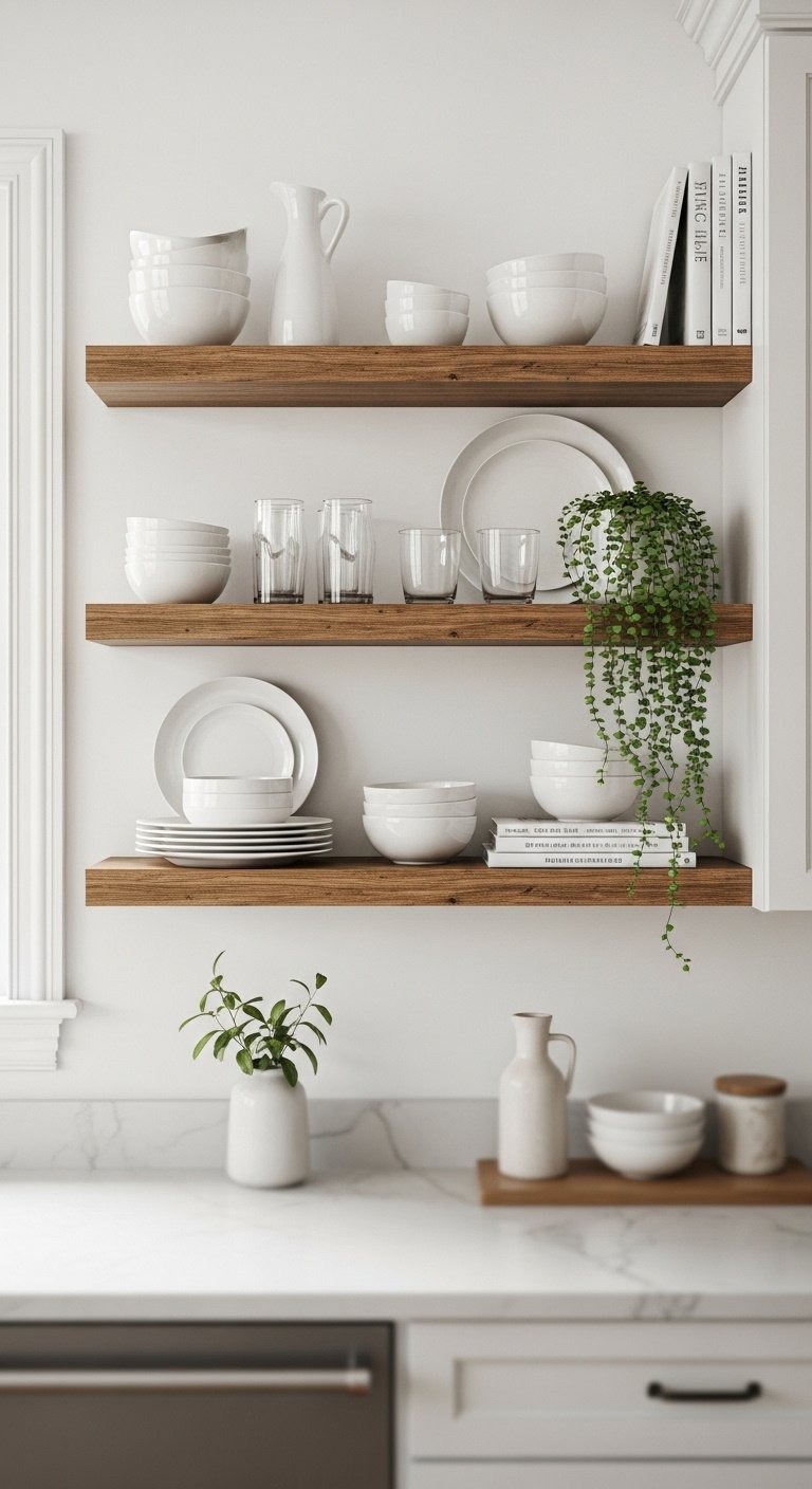 Beautifully styled rustic wooden open kitchen shelves with white dishes clear glassware a trailing plant and cookbooks