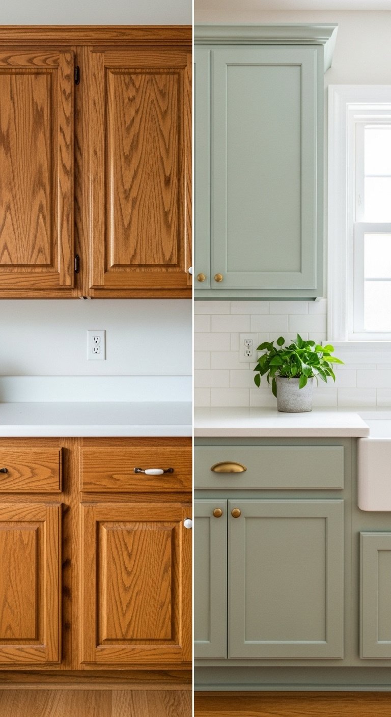 Before and after kitchen cabinet painting project with old oak and new sage green cabinets