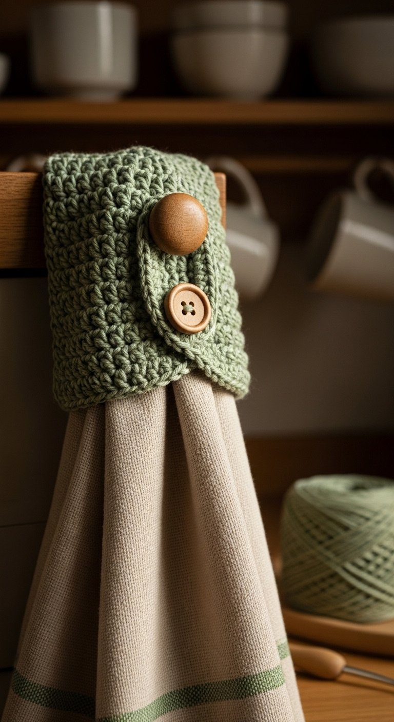 Beige kitchen towel with sage green crocheted topper and wood button on a cabinet knob