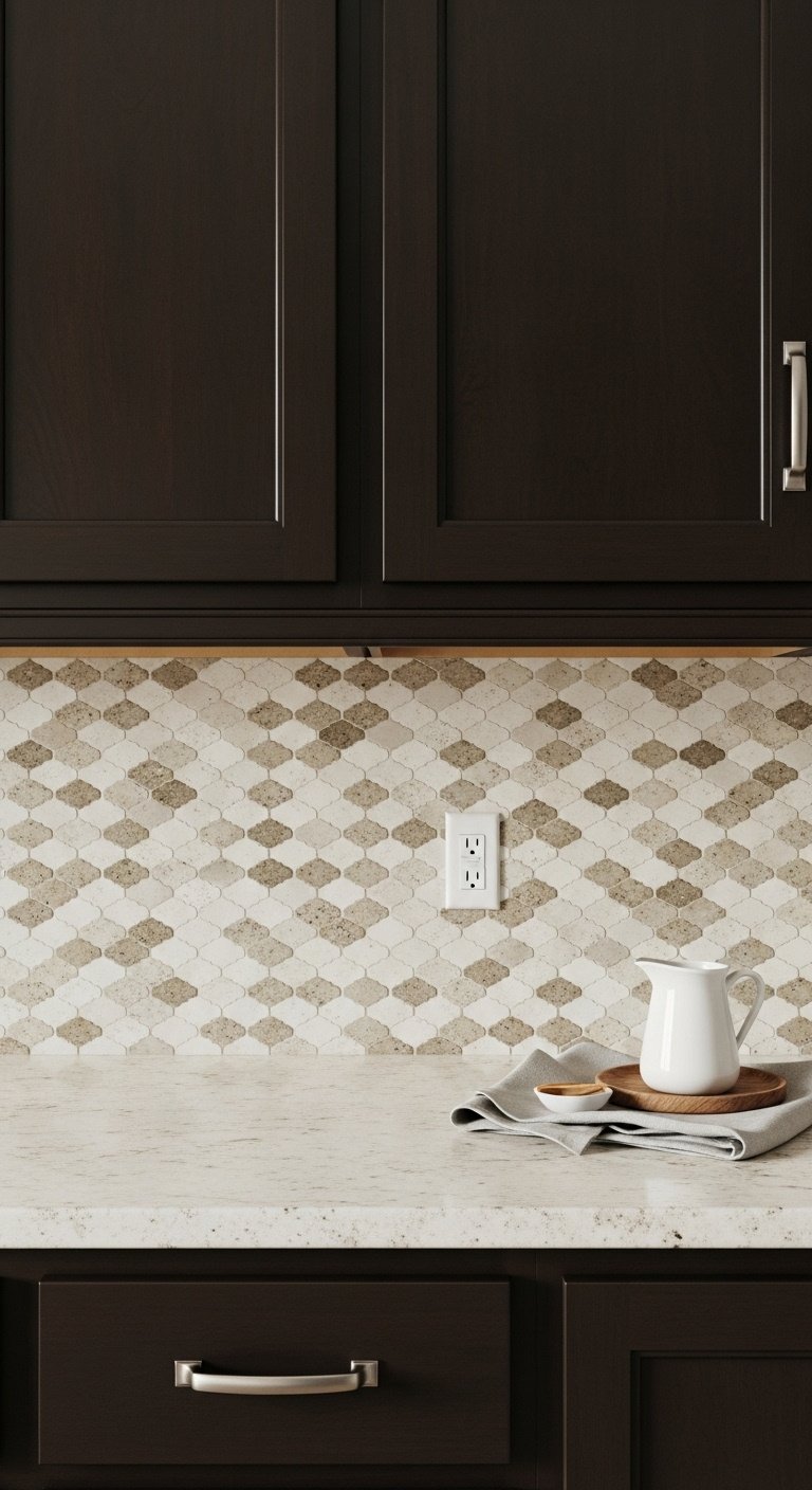 Beige mosaic tile backsplash with dark espresso brown cabinets and off-white granite countertop