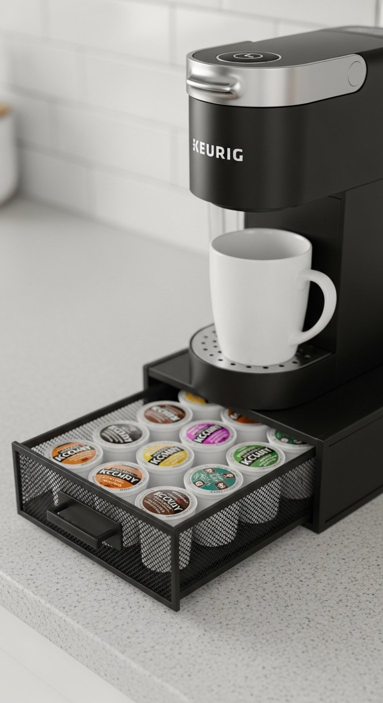 Black Keurig machine on a mesh pod drawer revealing colorful K-Cups next to a white mug on a light gray granite countertop