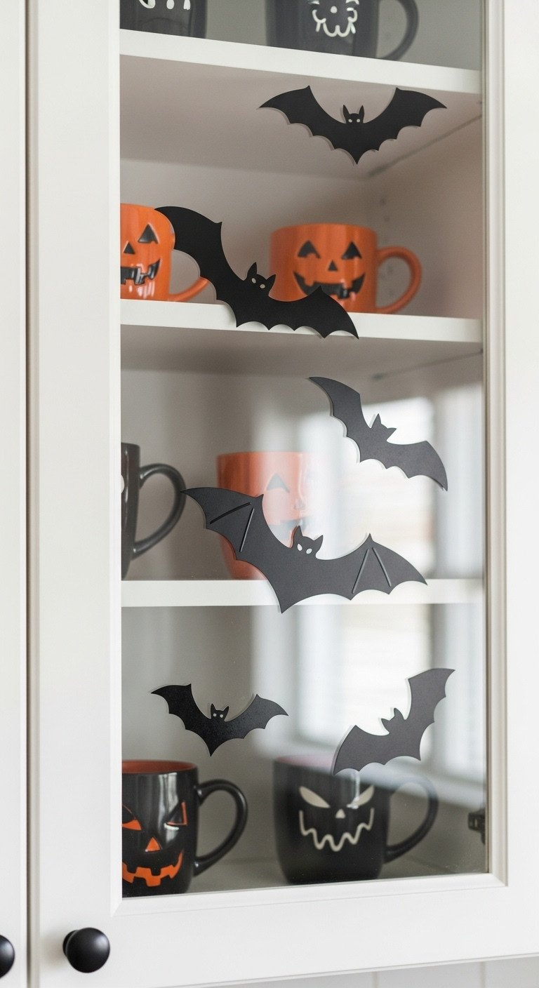 Black bat decals on a glass kitchen cabinet door revealing spooky Halloween mugs inside with soft natural light