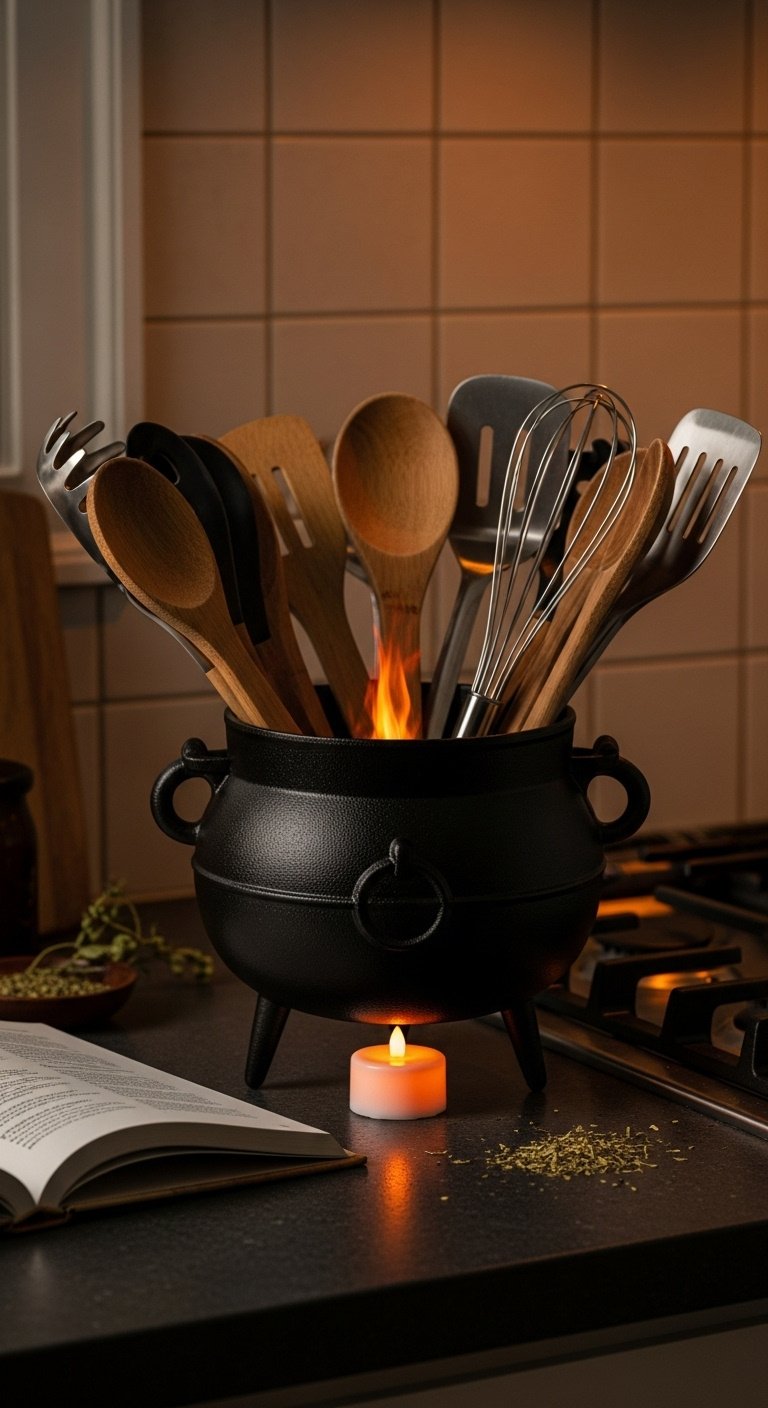 Black cast iron cauldron filled with kitchen utensils and a flickering tea light on a dark soapstone counter with a cookbook and dried herbs