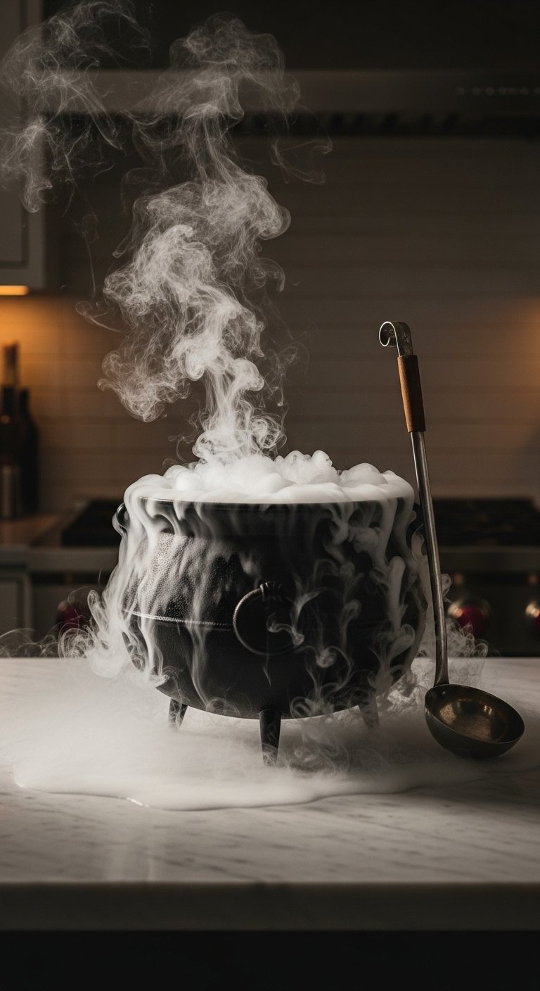 Black cauldron with billowing dry ice smoke on a marble kitchen island with a vintage wooden ladle