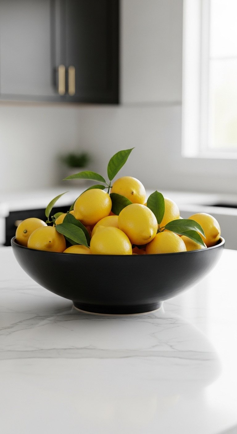 Black ceramic bowl brimming with vibrant yellow lemons on a white marble kitchen island