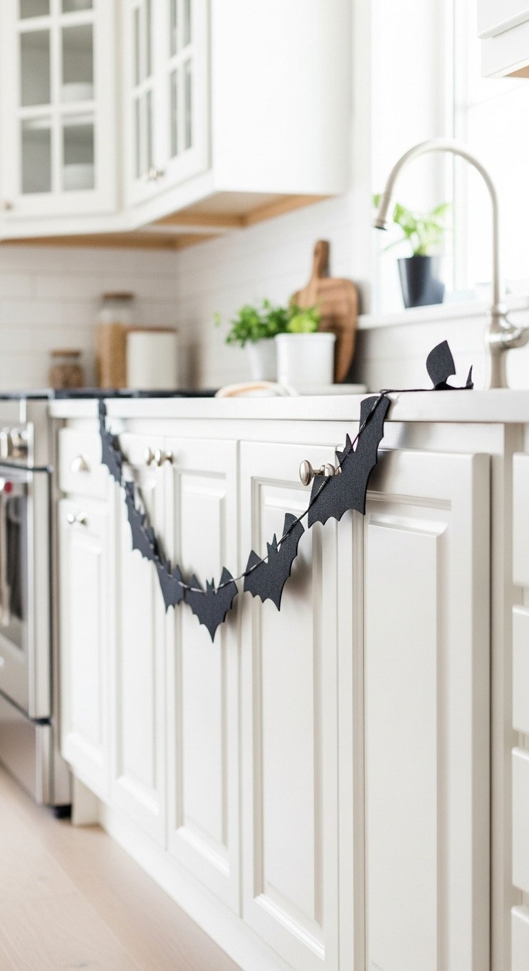 Black felt bat garland elegantly draped across white kitchen cabinets in a bright, airy kitchen setting