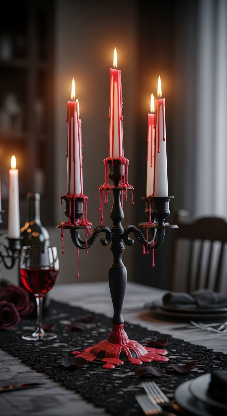 Black gothic candelabra with white taper candles and dripping red wax on a black lace tablecloth
