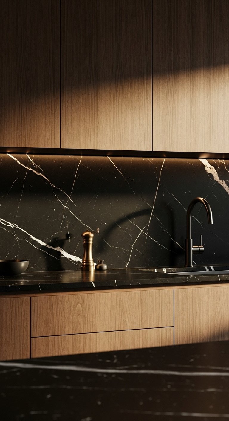Black marble slab backsplash with brown walnut cabinets and brass accents