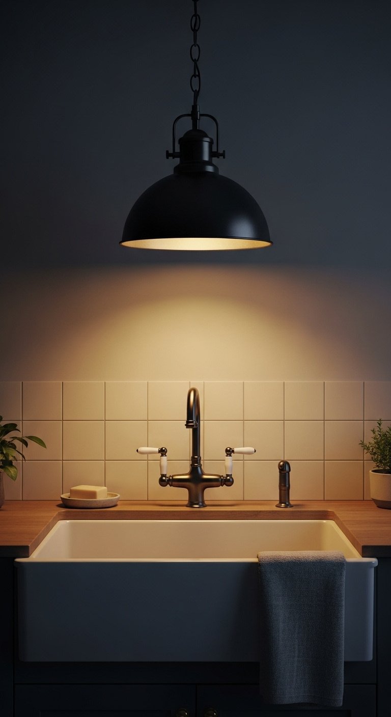 Black metal dome pendant light over a white farmhouse sink with a tiled backsplash and ceramic soap dish