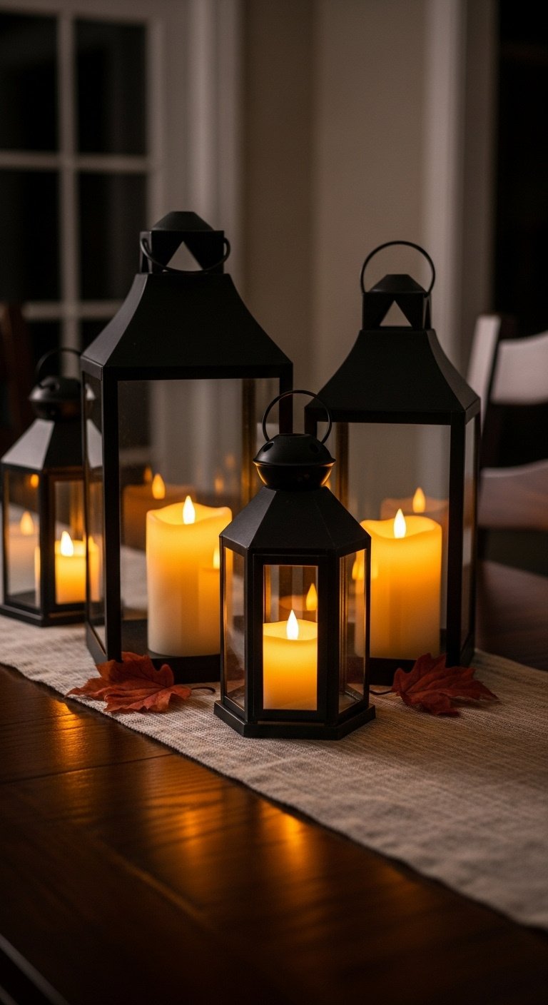 Black metal lanterns with LED pillar candles casting long shadows on a dark wood table with leaves