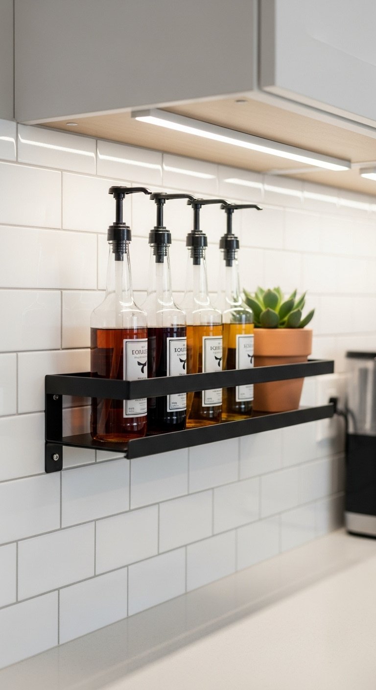 Black metal picture ledge on white subway tile backsplash holding glass syrup bottles succulent and a visible coffee maker corner