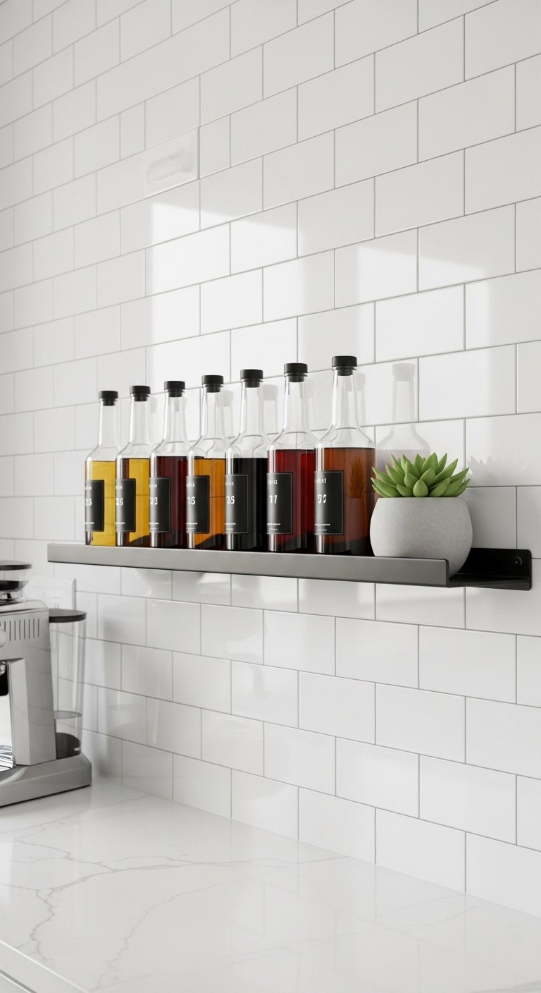 Black metal picture ledge with glass coffee syrup bottles and succulent on white subway tile backsplash above a coffee machine