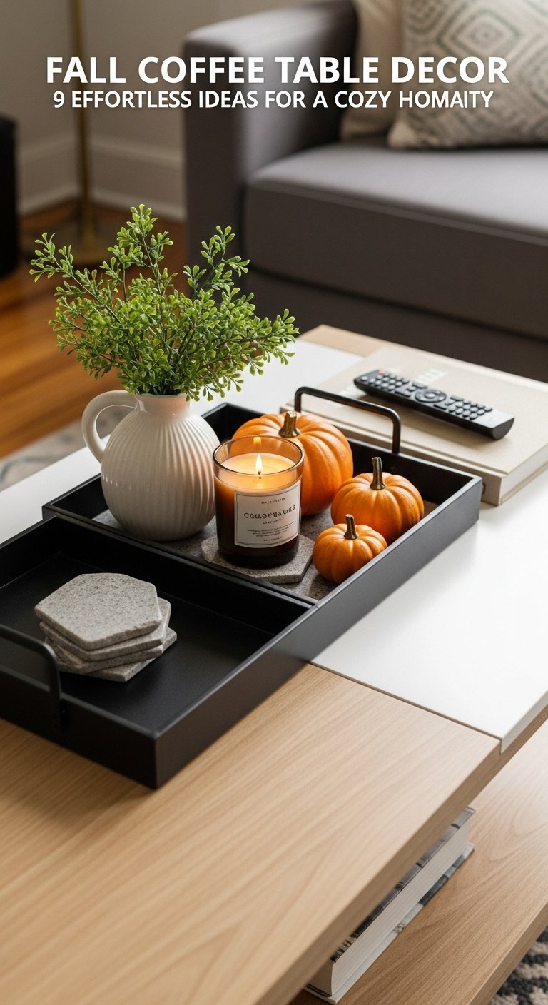 Black metal tray with fall vignette on a light wood coffee table in a cozy living room