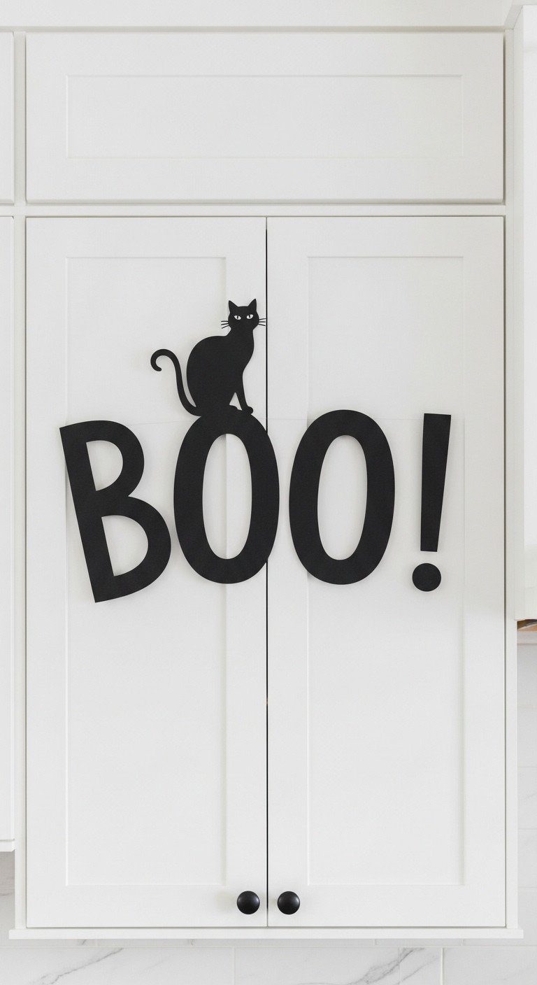Black paper BOO lettering and a black cat silhouette on white kitchen cabinets for a fun Halloween decor display