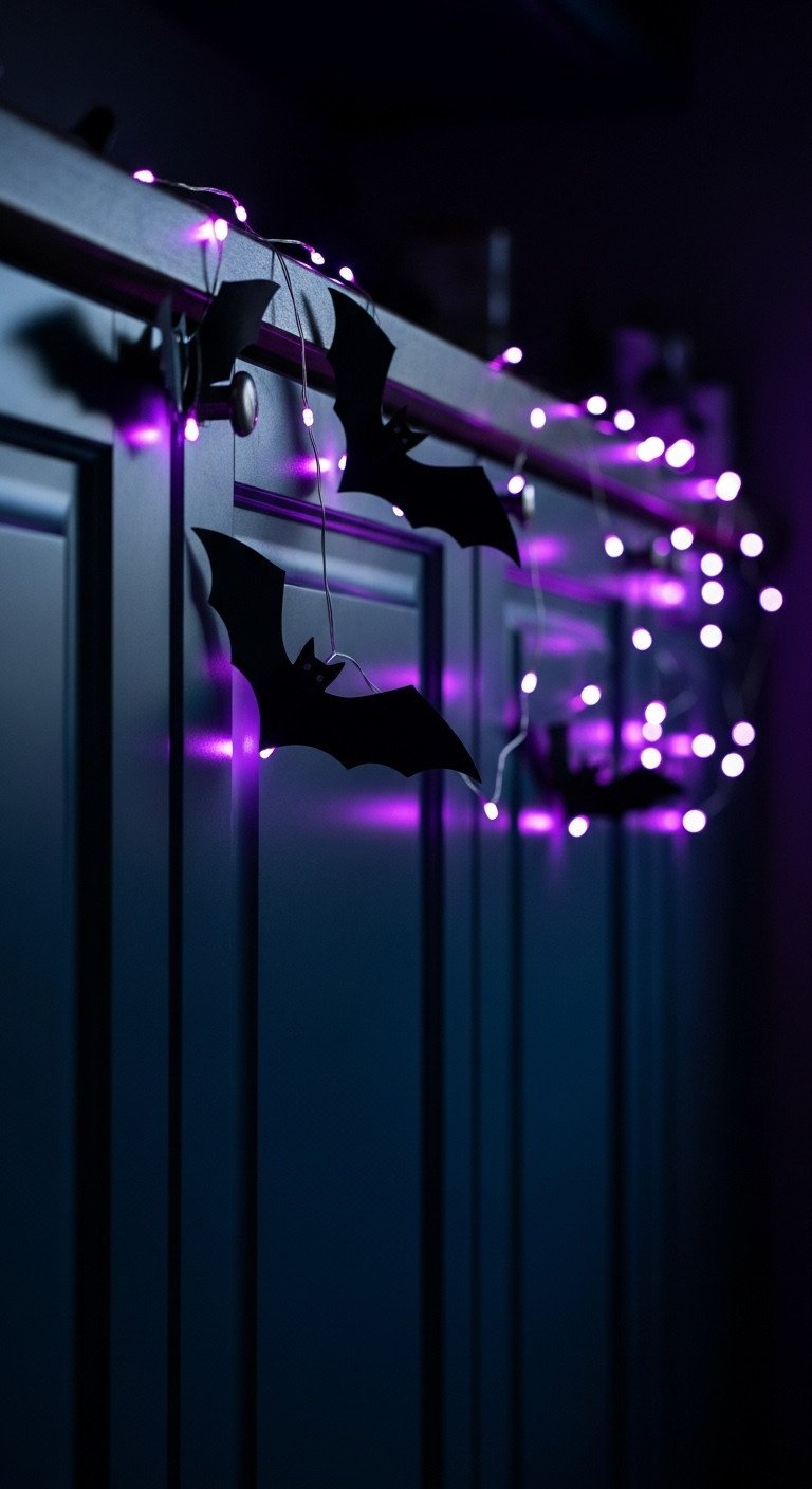 Black paper bat cutouts on dark blue kitchen cabinets backlit by glowing purple fairy lights at dusk