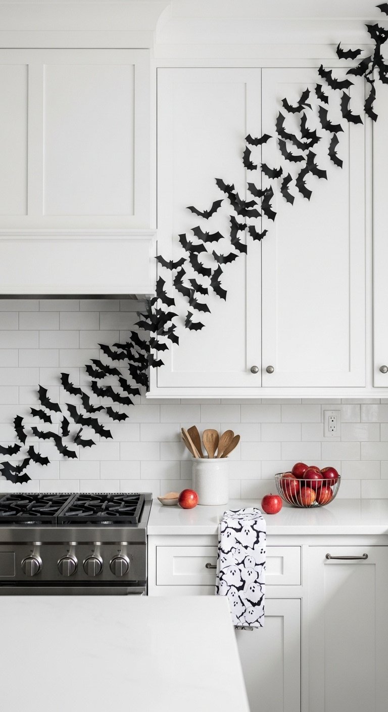 Black paper bat swarm flowing across a white shaker kitchen backsplash and cabinets with apples and a ghost towel