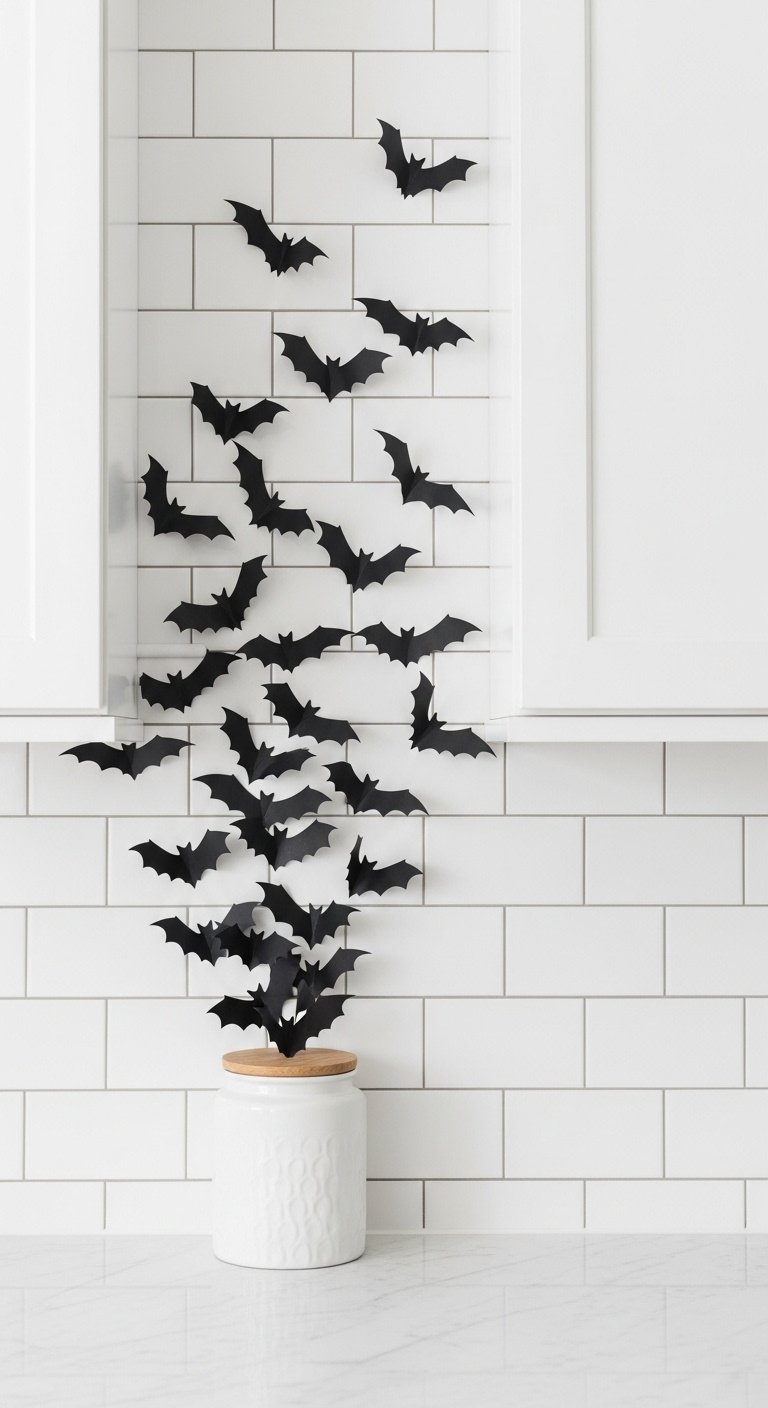 Black paper bat swarm on a white subway tile kitchen backsplash with a stylish white canister set