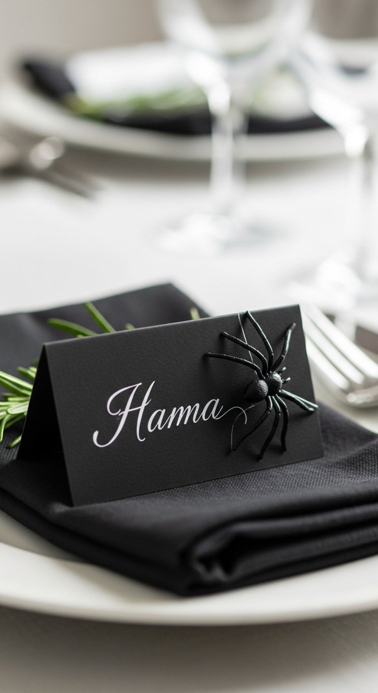 Black place card with white calligraphy name and a plastic black spider, leaning on a black napkin and white plate with rosemary and silver fork