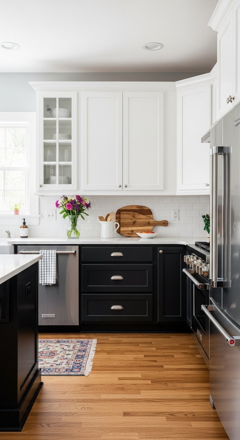 Black shaker base cabinets with white upper cabinets and light quartz countertop in a bright modern kitchen with hardwood floors
