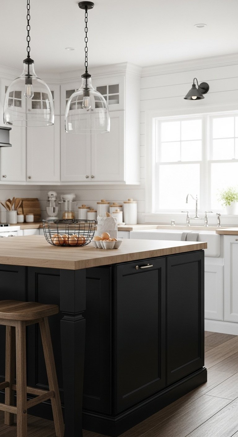 Black shaker kitchen island with light wood countertop and rustic bar stools in a modern farmhouse kitchen with shiplap walls
