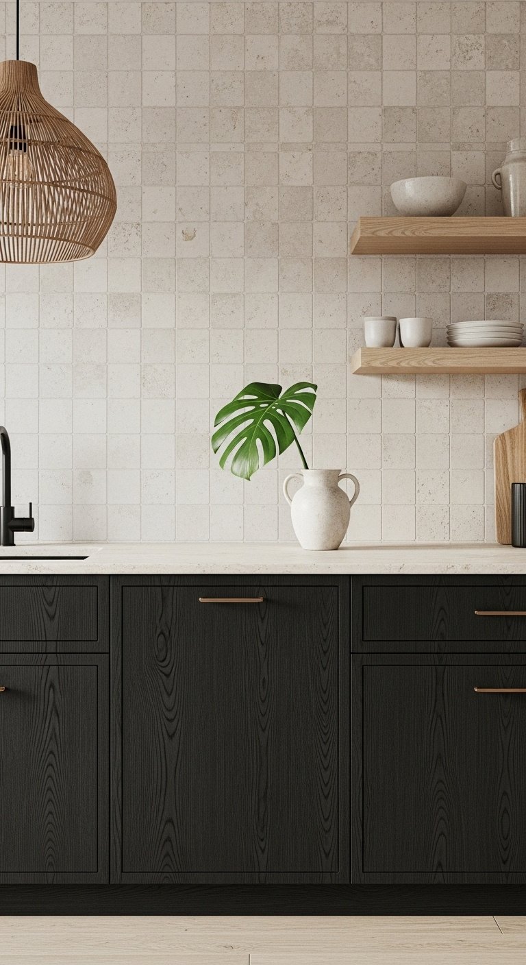 Black stained oak cabinets with light beige stone countertop and Zellige tile backsplash in an organic modern kitchen