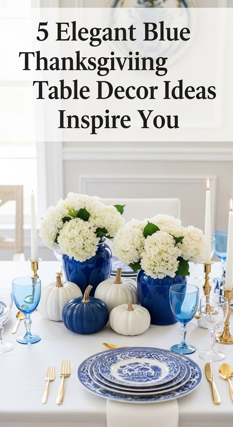 Blue and white chinoiserie Thanksgiving table with painted pumpkins ginger jars white hydrangeas and gold-plated cutlery