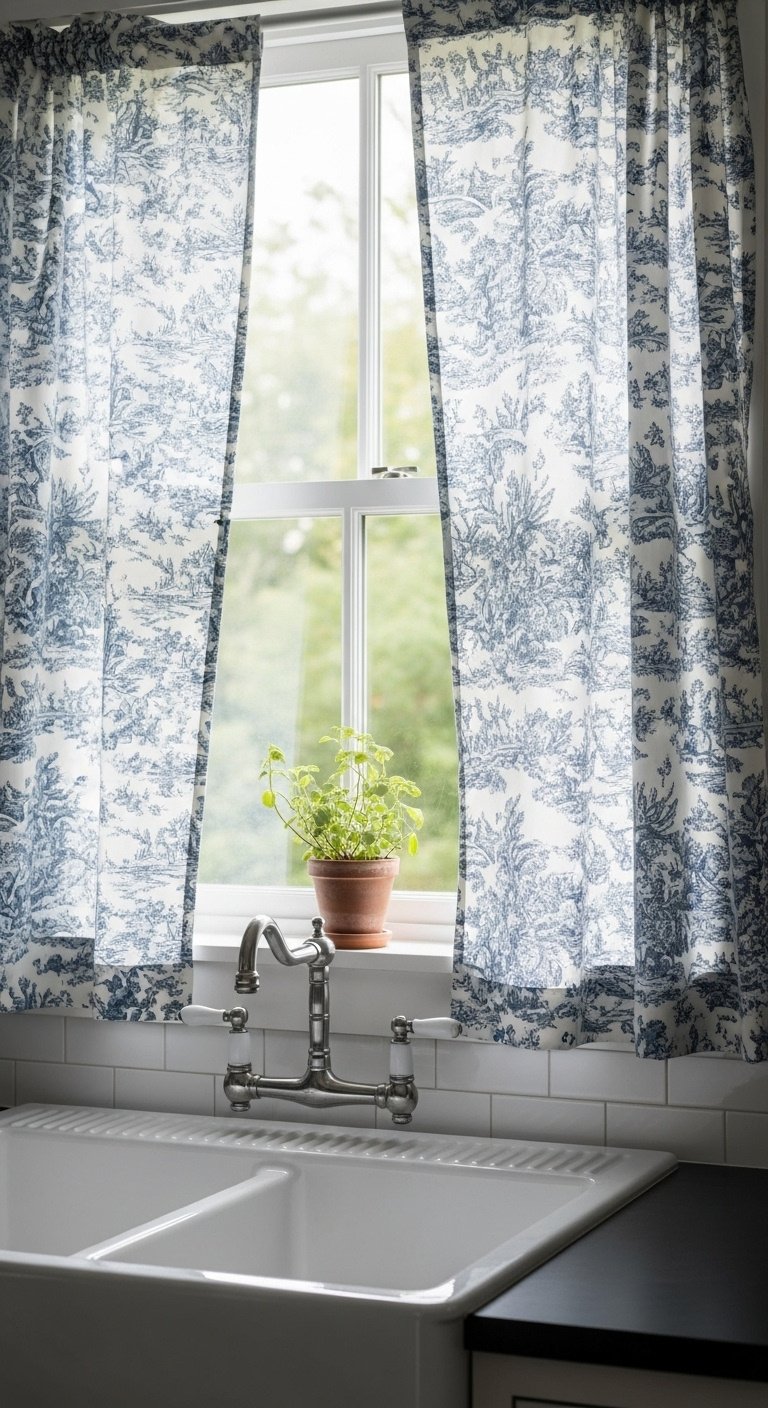 Blue and white toile cafe curtains on a kitchen window with soft sunlight and a blurred farmhouse sink background