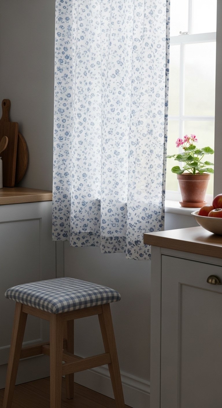 Blue floral cafe curtain on a kitchen window with a wooden stool and gingham seat pad and a geranium