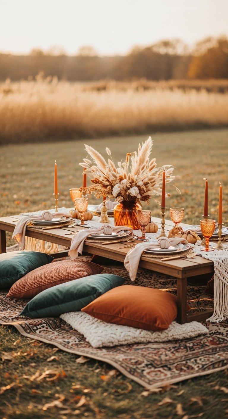 Bohemian autumn dreamscape outdoor Thanksgiving table with vintage rugs floor pillows mismatched plates brass candlesticks and dried grasses
